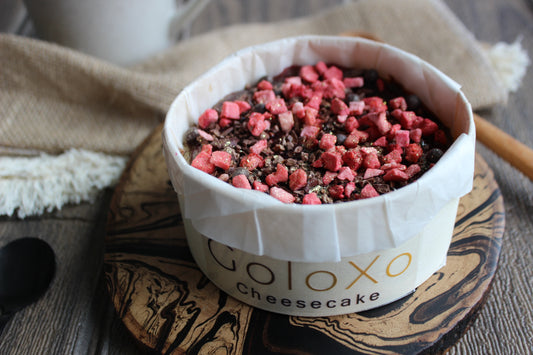 Chocolate Cheesecake with Toppings : raspberry gel , freeze-dried raspberry, cocoa nibs and cocoa pearls.